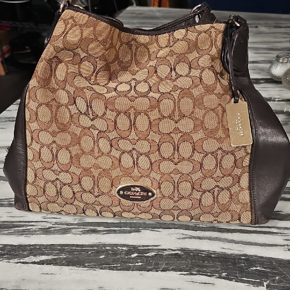 Coach Brown and Tan Signature Shoulder Bag